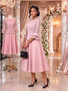 SHEIN Lady Women's Pink Lace Sheer 3/4 Sleeve Round Neck Top A-Line Midi Dress Elegant Matching Two Pieces Set Party Cocktail Formal Wedding Guest Church Going - Pink - View 5