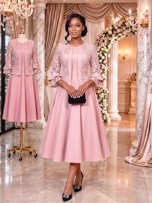 SHEIN Lady Women's Pink Lace Sheer 3/4 Sleeve Round Neck Top A-Line Midi Dress Elegant Matching Two Pieces Set Party Cocktail Formal Wedding Guest Church Going - Pink - View 3