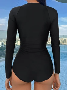 DAZY Women's Two-Tone Long Sleeve Sporty Swimsuit For Summer Beach Vacation - Black and White - View 4
