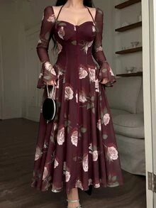 Feyla 女款優雅花卉印花喇叭袖長洋裝 - 彩色 - 查看 4