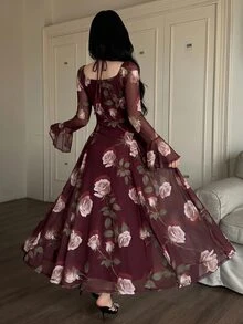 Feyla 女款優雅花卉印花喇叭袖長洋裝 - 彩色 - 查看 3