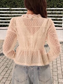 GalTyme Plus Size Sweet French Elegant A Line Lace Button Shirt Brunch Formal White Summer - Beige - View 2