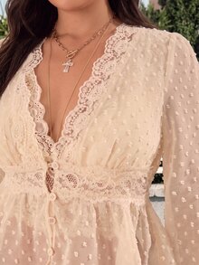 GalTyme Plus Size Sweet French Elegant A Line Lace Button Shirt Brunch Formal White Summer - Beige - View 6