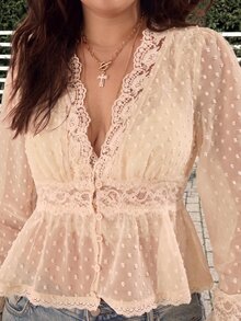 GalTyme Plus Size Sweet French Elegant A Line Lace Button Shirt Brunch Formal White Summer - Beige - View 4