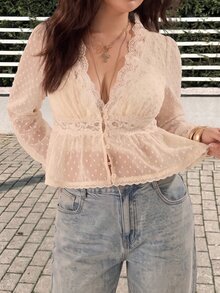 GalTyme Plus Size Sweet French Elegant A Line Lace Button Shirt Brunch Formal White Summer - Beige - View 3