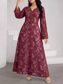 Al Najma V-Neck Embroidered Lace Pink Long Sleeve Elegant Fashionable Flare Floral Dress For Women - Burgundy - View 4
