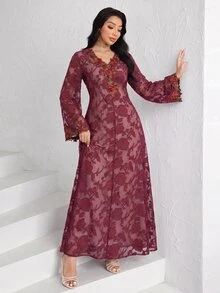 Al Najma V-Neck Embroidered Lace Pink Long Sleeve Elegant Fashionable Flare Floral Dress For Women - Burgundy - View 7