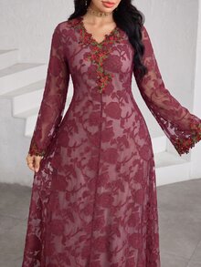 Al Najma V-Neck Embroidered Lace Pink Long Sleeve Elegant Fashionable Flare Floral Dress For Women - Burgundy - View 2