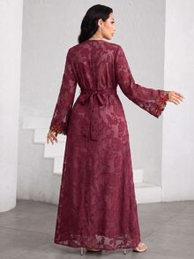 Al Najma V-Neck Embroidered Lace Pink Long Sleeve Elegant Fashionable Flare Floral Dress For Women - Burgundy - View 5
