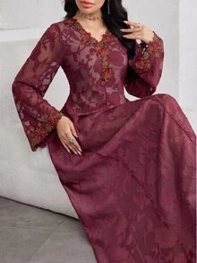 Al Najma V-Neck Embroidered Lace Pink Long Sleeve Elegant Fashionable Flare Floral Dress For Women - Burgundy - View 6