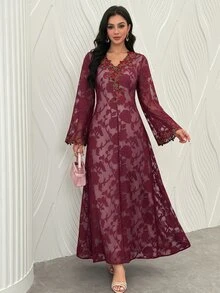 Al Najma V-Neck Embroidered Lace Pink Long Sleeve Elegant Fashionable Flare Floral Dress For Women - Burgundy - View 1