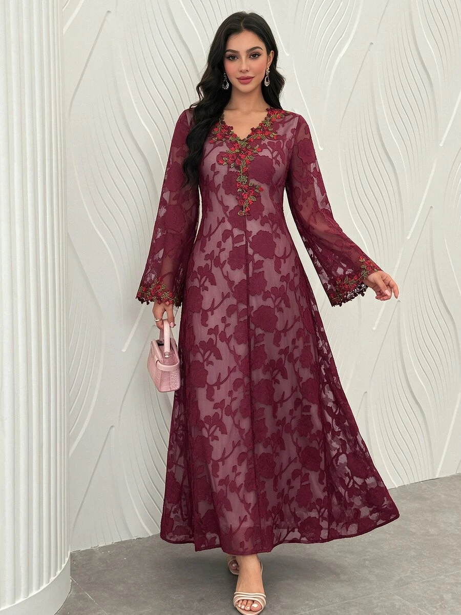 Al Najma V-Neck Embroidered Lace Pink Long Sleeve Elegant Fashionable Flare Floral Dress For Women - Burgundy - View 1