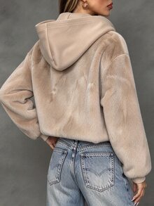 SHEIN Women's Autumn/Winter Party Casual Outing Commute Faux Fur Hooded Jacket - Khaki - View 2