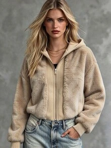 SHEIN Women's Autumn/Winter Party Casual Outing Commute Faux Fur Hooded Jacket - Khaki - View 1