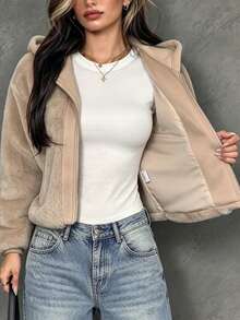 SHEIN Women's Autumn/Winter Party Casual Outing Commute Faux Fur Hooded Jacket - Khaki - View 6