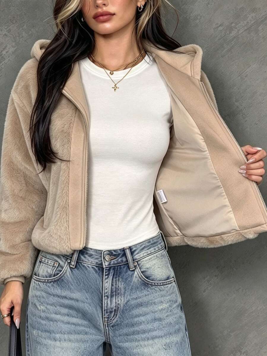 SHEIN Women's Autumn/Winter Party Casual Outing Commute Faux Fur Hooded Jacket - Khaki - View 1