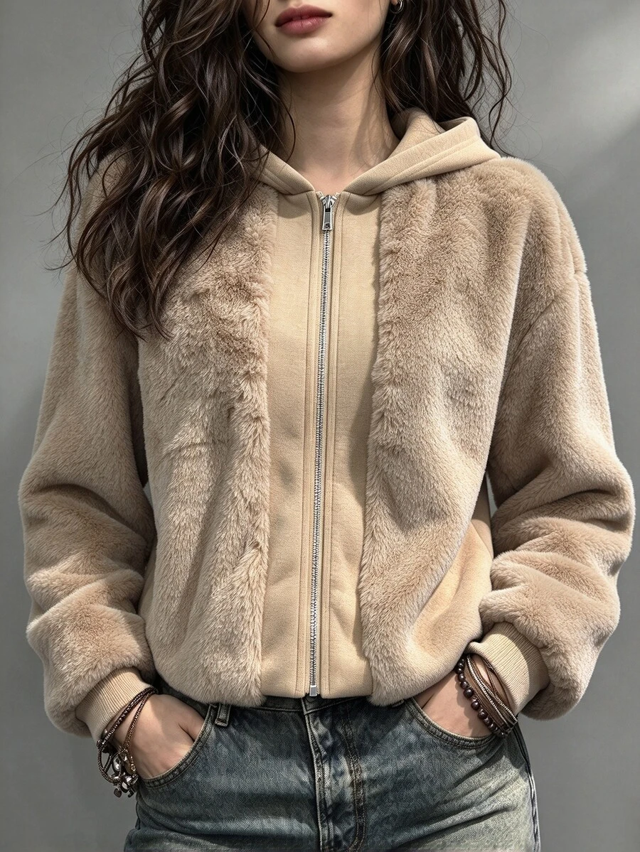 SHEIN Women's Autumn/Winter Party Casual Outing Commute Faux Fur Hooded Jacket - Khaki - View 1