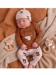 SHEIN 新生兒男嬰女嬰可愛卡通圖案針織休閒居家服套裝 - 棕色 - 查看 3