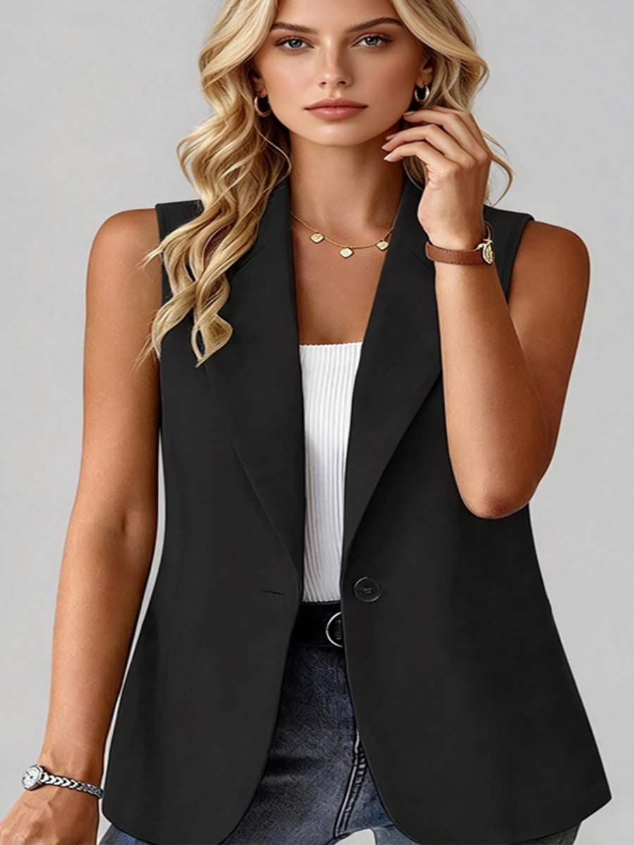 Vionelle Plus Size Women's Solid Color Minimalist Casual Sleeveless Blazer Vest - Black - View 1