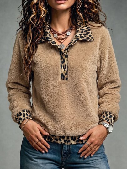 SHEIN Women's Winter Sweatshirt, Women's Winter French Style Sweatshirt, Women's Winter Casual Outing Sweatshirt, Women's Winter Casual Leopard Print Patchwork Sweatshirt, Women's Winter Commute Outfit Sweatshirt, Women's Winter Elegant Party Sweatshirt