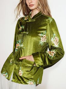 Aveloria Modichic 女款直筒天鵝絨立領盤扣雙口袋優雅橄欖綠花卉印花中式旗袍，適合國慶晚宴秋季穿著 - 紫色 - 查看 6