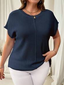 Vionelle Plus Size Solid Color Ribbed Knit Sweater, Brown Summer Short Sleeve T Shirt Top, Minimalist Elegant Soft Form Business Casual Party Evening Navy Blue - Navy Blue - View 8