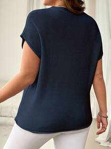 Vionelle Plus Size Solid Color Ribbed Knit Sweater, Brown Summer Short Sleeve T Shirt Top, Minimalist Elegant Soft Form Business Casual Party Evening Navy Blue - Navy Blue - View 2