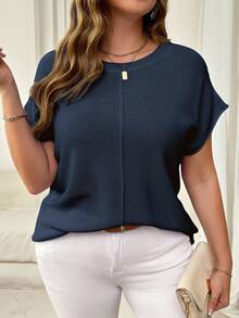 Vionelle Plus Size Solid Color Ribbed Knit Sweater, Brown Summer Short Sleeve T Shirt Top, Minimalist Elegant Soft Form Business Casual Party Evening Navy Blue - Navy Blue - View 7