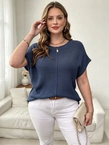 Vionelle Plus Size Solid Color Ribbed Knit Sweater, Brown Summer Short Sleeve T Shirt Top, Minimalist Elegant Soft Form Business Casual Party Evening Navy Blue - Navy Blue - View 1