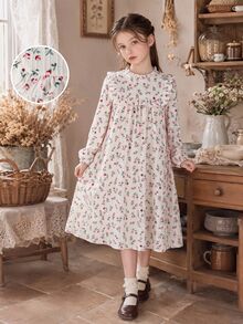 SHEIN Tween Girls Floral Fall Dress Fall Style Long Sleeve Top White Top Robe Winter Fall Ruffle Smocked Boho Country Casual Cottagecore Clothes - Apricot - View 5