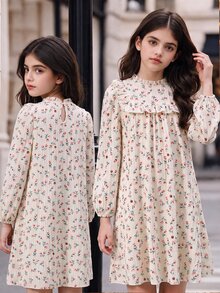 SHEIN Tween Girls Floral Fall Dress Fall Style Long Sleeve Top White Top Robe Winter Fall Ruffle Smocked Boho Country Casual Cottagecore Clothes - Apricot - View 8