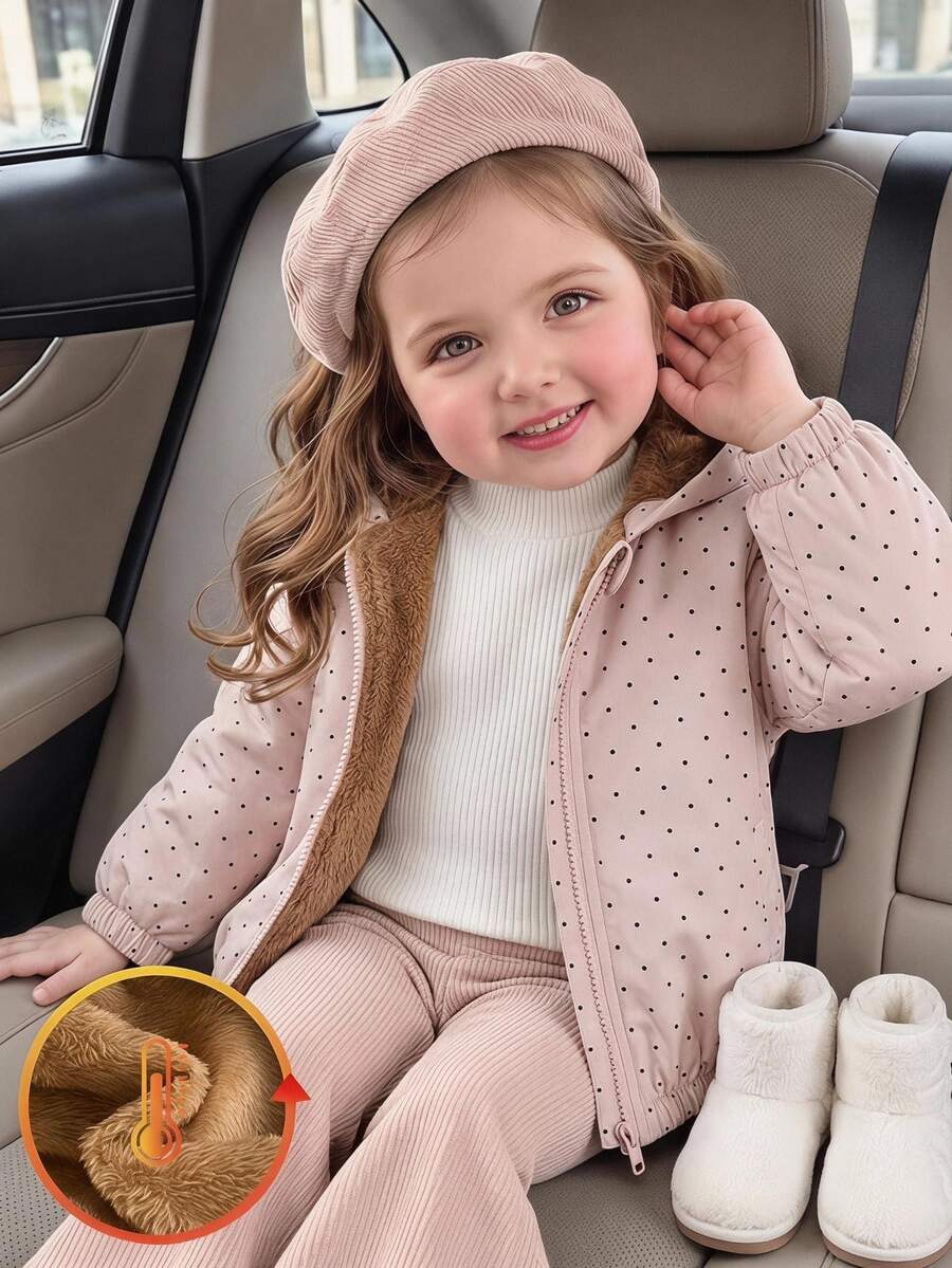 SHEIN 幼童女嬰毛絨外套夾克 甜美灰粉色 絨毛內裡 長袖連帽 加厚柔軟 旅行款 冬季秋季 拉鍊式 正式風 牛仔女孩風 - 彩色 - 查看 1
