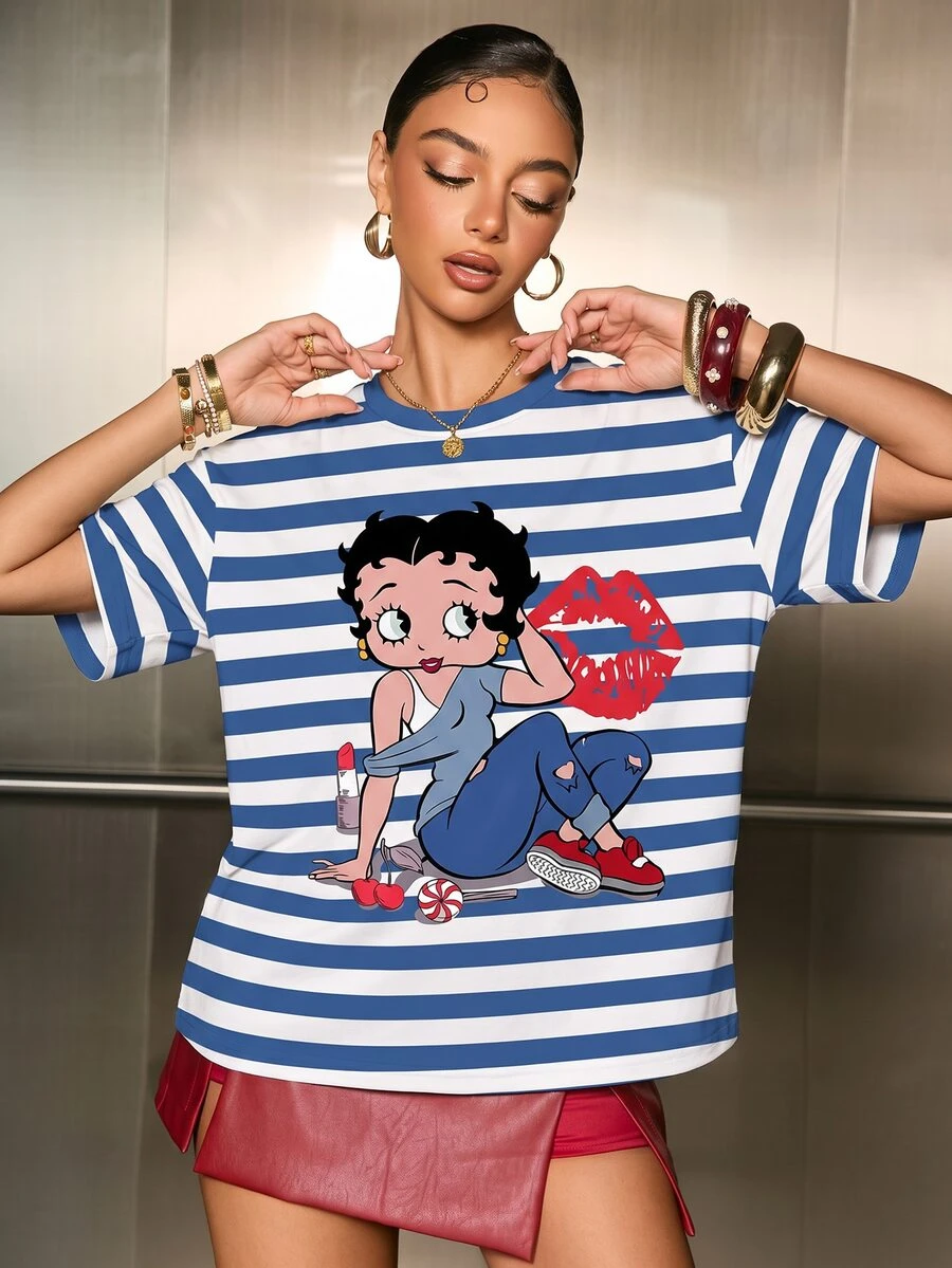Betty Boop x SHEIN Women's Striped Lips Print Round Neck Short Sleeve Casual T-Shirt - White - View 1