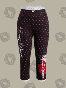 Betty Boop x SHEIN Women's Polka Dot Print Bow Decor Leggings - Black - View 3