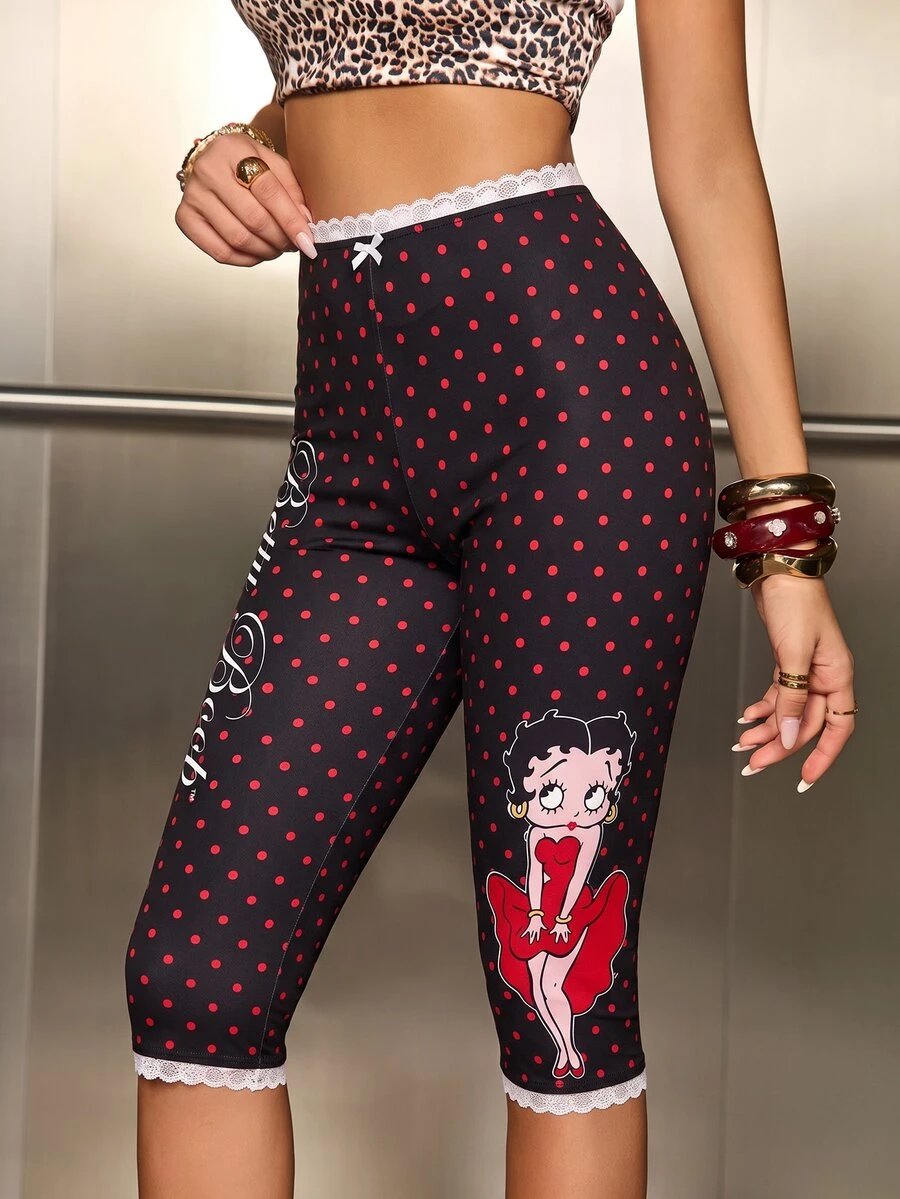 Betty Boop x SHEIN Women's Polka Dot Print Bow Decor Leggings - Black - View 1