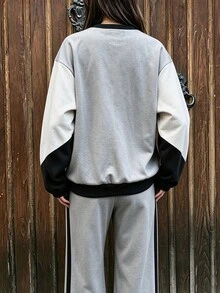 Franclia 秋冬拼接圓領運動衫與寬腿長褲兩件套，運動休閒通勤穿搭 - 灰色 - 查看 3