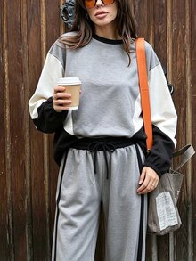 Franclia 秋冬拼接圓領運動衫與寬腿長褲兩件套，運動休閒通勤穿搭 - 灰色 - 查看 2