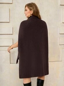 Roveilla Plus Size Women's Fashion High Neck Design Asymmetrical Hem Split Ribbed Coffee Brown Cape Sweater Pullover Casual Versatile Daily Autumn/Winter Top - Coffee Brown - View 2