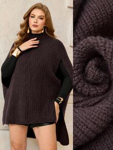 Roveilla Plus Size Women's Fashion High Neck Design Asymmetrical Hem Split Ribbed Coffee Brown Cape Sweater Pullover Casual Versatile Daily Autumn/Winter Top - Coffee Brown - View 7