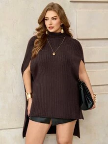Roveilla Plus Size Women's Fashion High Neck Design Asymmetrical Hem Split Ribbed Coffee Brown Cape Sweater Pullover Casual Versatile Daily Autumn/Winter Top - Coffee Brown - View 4