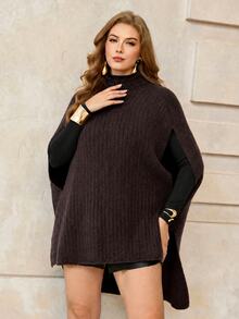 Roveilla Plus Size Women's Fashion High Neck Design Asymmetrical Hem Split Ribbed Coffee Brown Cape Sweater Pullover Casual Versatile Daily Autumn/Winter Top - Coffee Brown - View 5