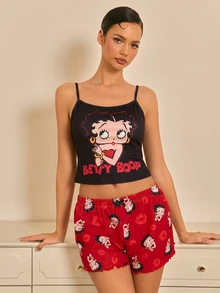Betty Boop x SHEIN 女款字母卡通印花細肩帶上衣與短褲休閒居家睡衣套裝 - 黑色 - 查看 1