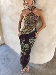 Aloruh Leopard & Paisley Print Halter Neck Backless Bodycon Dress Prom Dresses For Women Halloween Christmas Party - Black - View 5