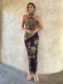 Aloruh Leopard & Paisley Print Halter Neck Backless Bodycon Dress Prom Dresses For Women Halloween Christmas Party - Black - View 8