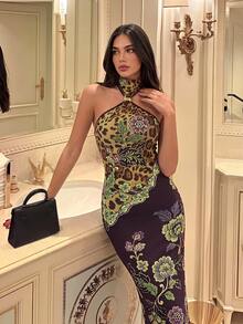 Aloruh Leopard & Paisley Print Halter Neck Backless Bodycon Dress Prom Dresses For Women Halloween Christmas Party - Black - View 2