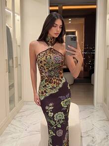 Aloruh Leopard & Paisley Print Halter Neck Backless Bodycon Dress Prom Dresses For Women Halloween Christmas Party - Black - View 1