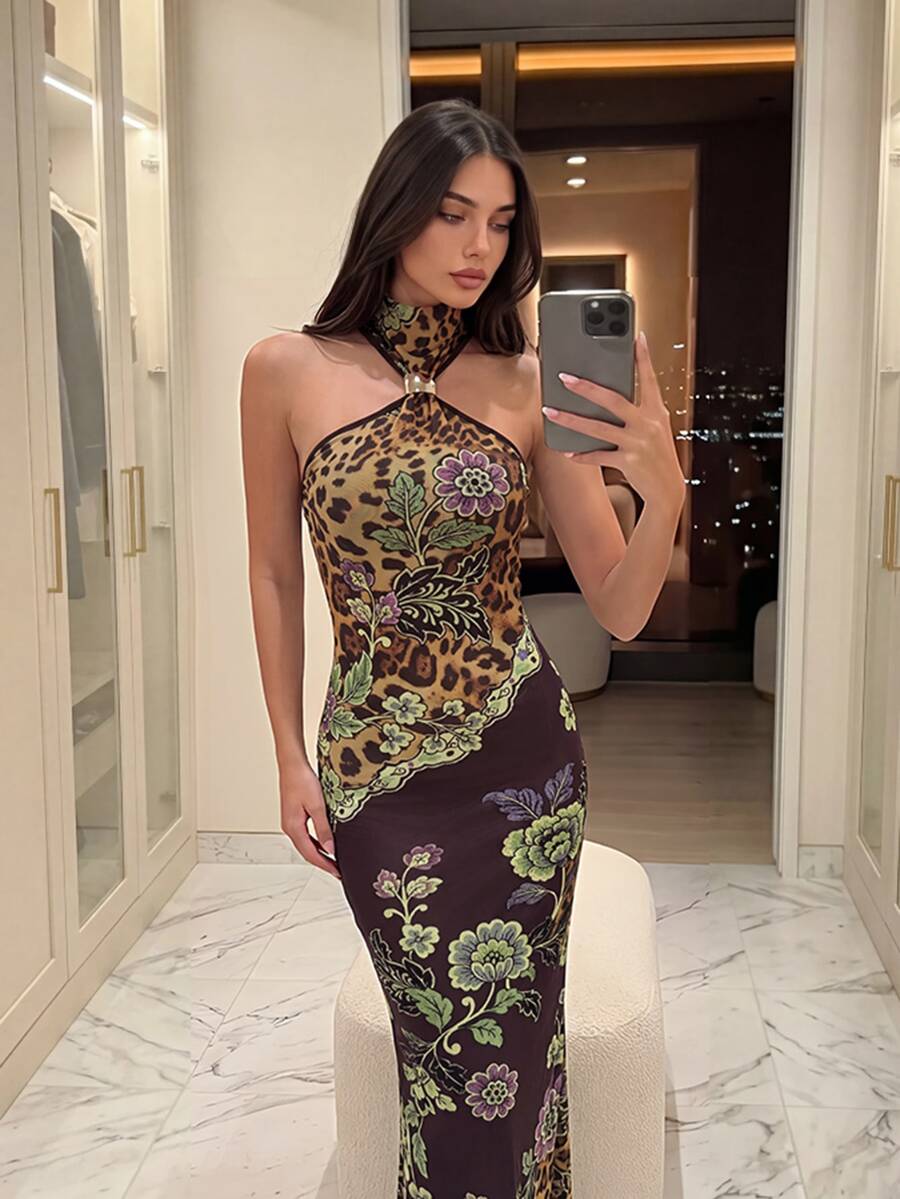 Aloruh Leopard & Paisley Print Halter Neck Backless Bodycon Dress Prom Dresses For Women Halloween Christmas Party - Black - View 1