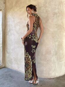 Aloruh Leopard & Paisley Print Halter Neck Backless Bodycon Dress Prom Dresses For Women Halloween Christmas Party - Black - View 3