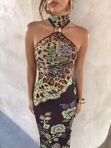 Aloruh Leopard & Paisley Print Halter Neck Backless Bodycon Dress Prom Dresses For Women Halloween Christmas Party - Black - View 4