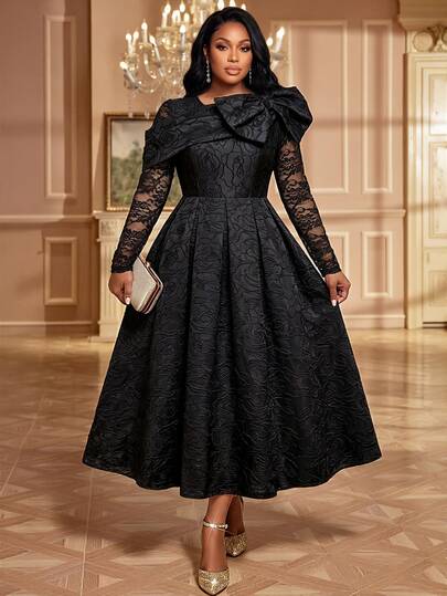 Fleurora Plus-Size Women's Pleated Party Dress With Bow Detail Black Dress Graduation Dress Wedding Guest Dress Elegant Long Party Dress Halloween Winter Dress